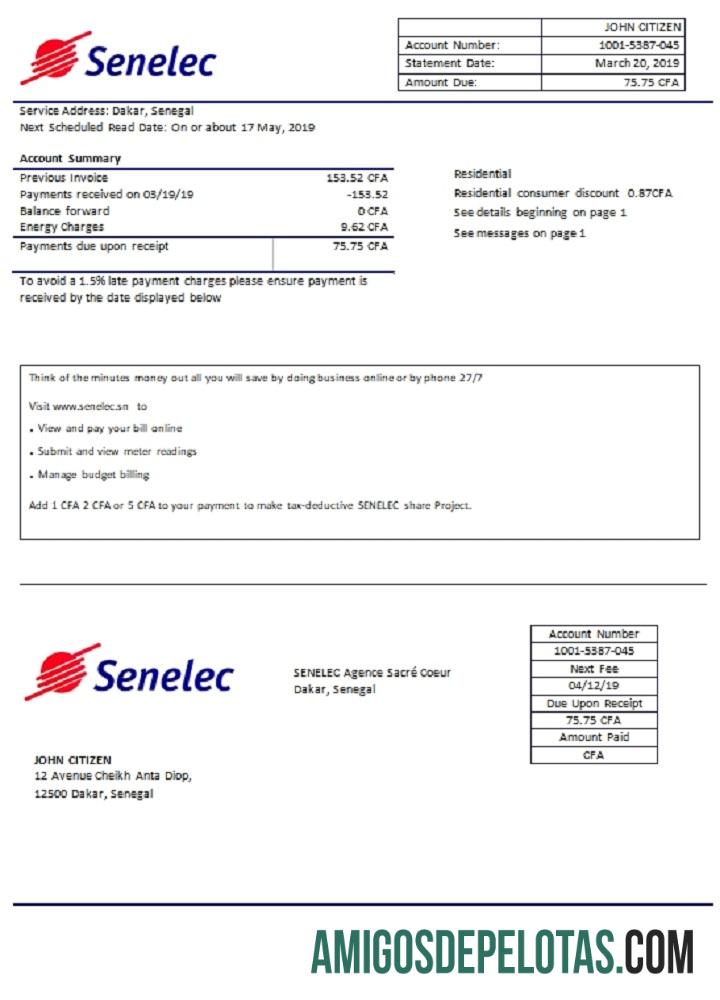 Em branco Senegal Senelec Agence Sacré Coeur Company Modelo de conta de serviços públicos de eletricidade em formato Word e PDF